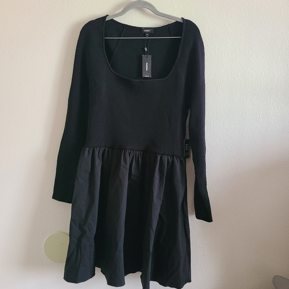Express Dresses & Skirts - NWT Express Black Ribbed Square Neck Poplin Mini Fit And Flare Dress